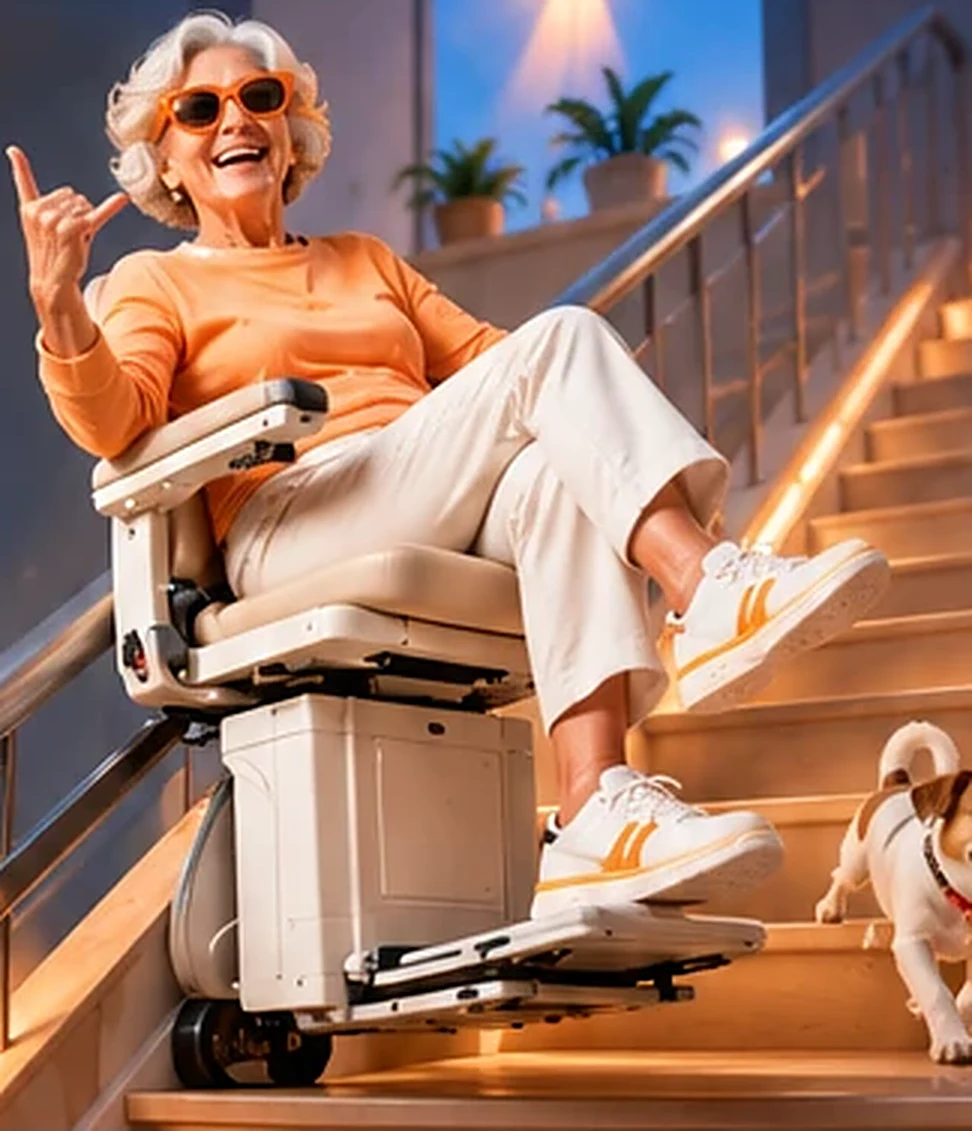 Fröhliche Seniorin fährt mit dem Treppenlift die Treppe hinauf